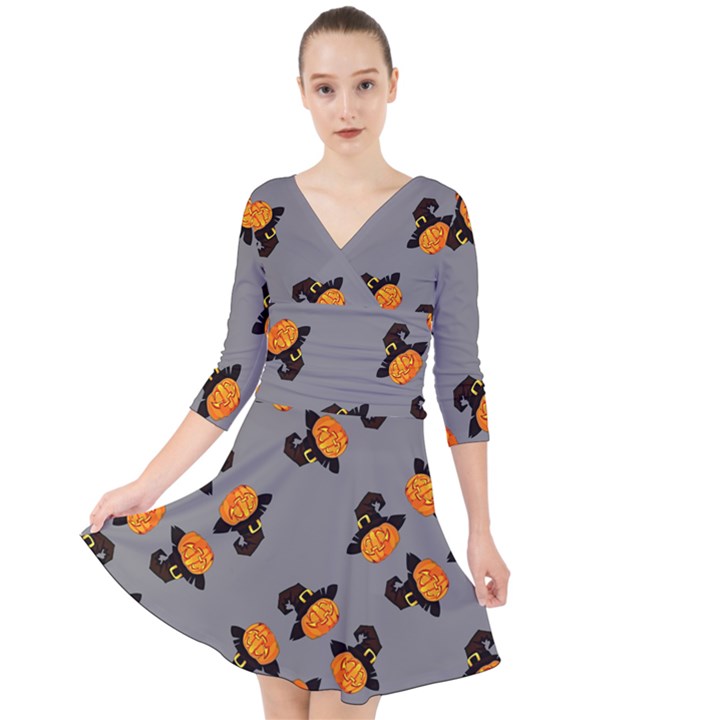 Pumpkin Heads With Hat Gray Quarter Sleeve Front Wrap Dress