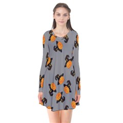 Pumpkin Heads With Hat Gray Long Sleeve V-neck Flare Dress by TetiBright