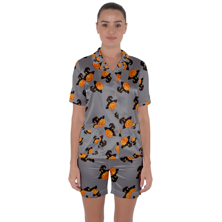 Pumpkin Heads With Hat Gray Satin Short Sleeve Pajamas Set