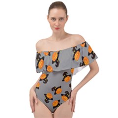 Pumpkin Heads With Hat Gray Off Shoulder Velour Bodysuit  by TetiBright