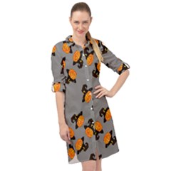 Pumpkin Heads With Hat Gray Long Sleeve Mini Shirt Dress by TetiBright