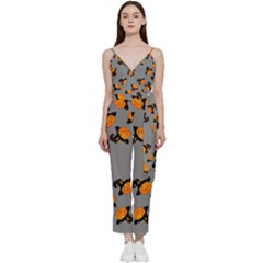 Pumpkin Heads With Hat Gray V-neck Spaghetti Strap Tie Front Jumpsuit