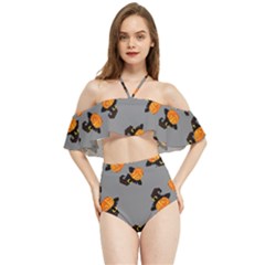 Pumpkin Heads With Hat Gray Halter Flowy Bikini Set  by TetiBright