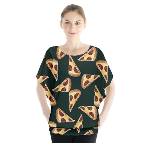 Pizza Slices Pattern Green Batwing Chiffon Blouse by TetiBright