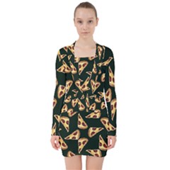 Pizza Slices Pattern Green V-neck Bodycon Long Sleeve Dress by TetiBright