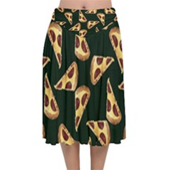 Pizza Slices Pattern Green Velvet Flared Midi Skirt by TetiBright