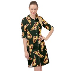 Pizza Slices Pattern Green Long Sleeve Mini Shirt Dress by TetiBright