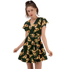 Pizza Slices Pattern Green Flutter Sleeve Wrap Dress by TetiBright