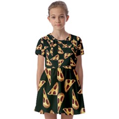 Pizza Slices Pattern Green Kids  Short Sleeve Pinafore Style Dress