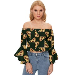 Pizza Slices Pattern Green Off Shoulder Flutter Bell Sleeve Top by TetiBright