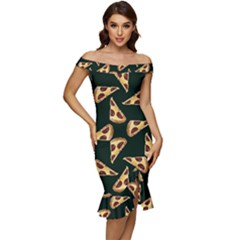 Pizza Slices Pattern Green Off Shoulder Ruffle Split Hem Bodycon Dress