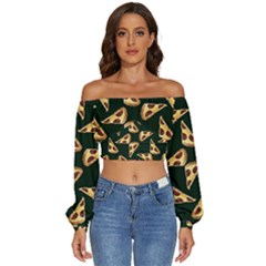 Pizza Slices Pattern Green Long Sleeve Crinkled Weave Crop Top