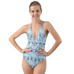 Jogging Lady On Blue Halter Cut-out One Piece Swimsuit by TetiBright