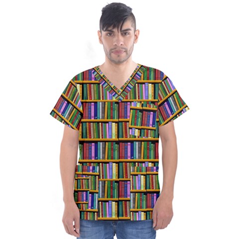 Books On A Shelf Men s V-neck Scrub Top by TetiBright