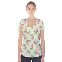 Colorful Easter Eggs Pattern Green Short Sleeve Front Detail Top