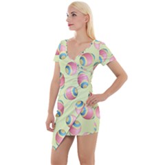 Colorful Easter Eggs Pattern Green Short Sleeve Asymmetric Mini Dress by TetiBright