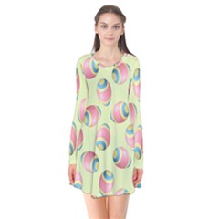 Colorful Easter Eggs Pattern Green Long Sleeve V-neck Flare Dress by TetiBright