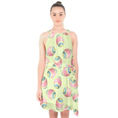 Colorful Easter Eggs Pattern Green Halter Collar Waist Tie Chiffon Dress by TetiBright