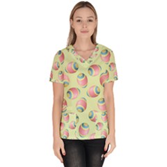 Colorful Easter Eggs Pattern Green Women s V-neck Scrub Top by TetiBright