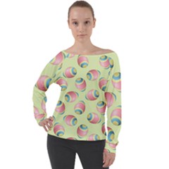 Colorful Easter Eggs Pattern Green Off Shoulder Long Sleeve Velour Top by TetiBright