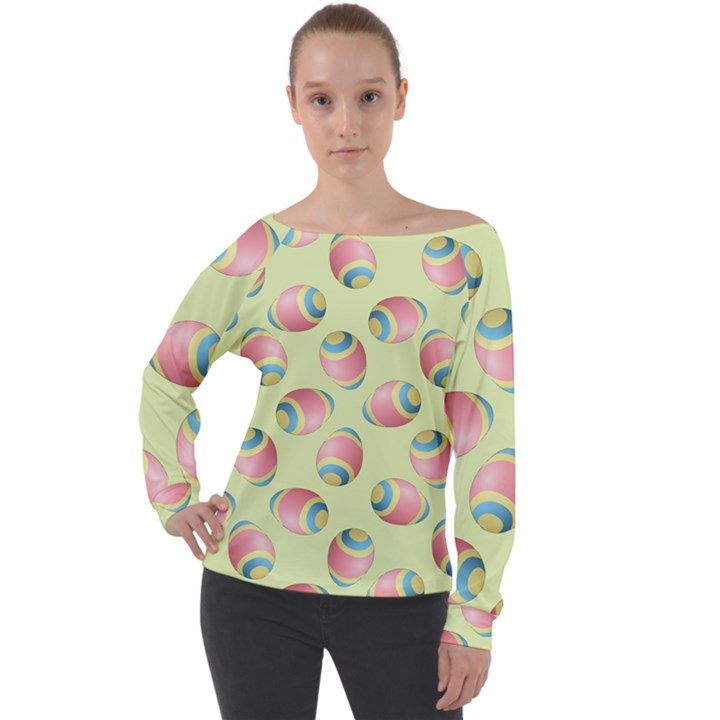 Colorful Easter Eggs Pattern Green Off Shoulder Long Sleeve Velour Top