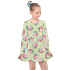 Colorful Easter Eggs Pattern Green Kids  Long Sleeve Dress by TetiBright