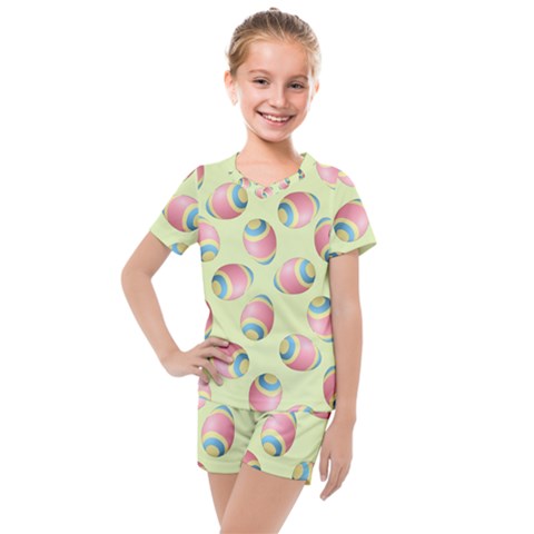 Colorful Easter Eggs Pattern Green Kids  Mesh Tee And Shorts Set by TetiBright