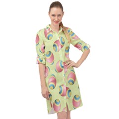 Colorful Easter Eggs Pattern Green Long Sleeve Mini Shirt Dress by TetiBright