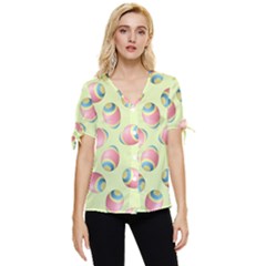 Colorful Easter Eggs Pattern Green Bow Sleeve Button Up Top by TetiBright