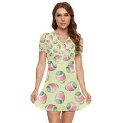 Colorful Easter Eggs Pattern Green V-neck High Waist Chiffon Mini Dress