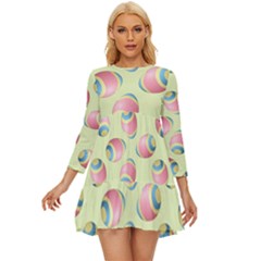 Colorful Easter Eggs Pattern Green Long Sleeve Babydoll Dress by TetiBright