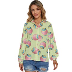 Colorful Easter Eggs Pattern Green Women s Long Sleeve Button Down Shirt