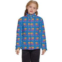 Speak Love Pattern On Blue Kids  Puffer Bubble Jacket Coat by TetiBright