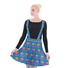 Speak Love Pattern On Blue Suspender Skater Skirt by TetiBright