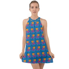 Speak Love Pattern On Blue Halter Tie Back Chiffon Dress by TetiBright