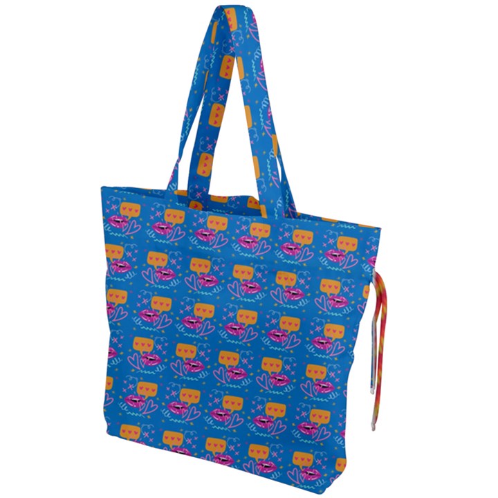 Speak Love Pattern On Blue Drawstring Tote Bag