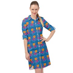 Speak Love Pattern On Blue Long Sleeve Mini Shirt Dress by TetiBright