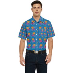 Speak Love Pattern On Blue Men s Short Sleeve Pocket Shirt  by TetiBright