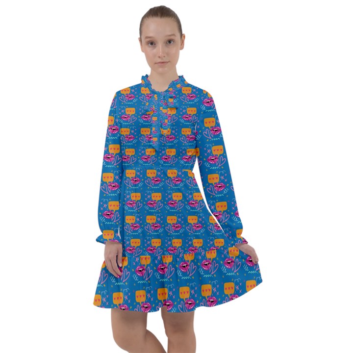 Speak Love Pattern On Blue All Frills Chiffon Dress