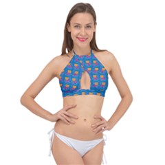 Speak Love Pattern On Blue Cross Front Halter Bikini Top by TetiBright