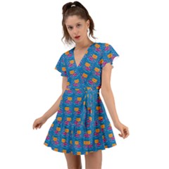 Speak Love Pattern On Blue Flutter Sleeve Wrap Dress by TetiBright