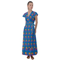 Speak Love Pattern On Blue Flutter Sleeve Maxi Dress by TetiBright