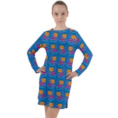 Speak Love Pattern On Blue Long Sleeve Hoodie Dress by TetiBright