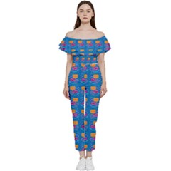 Speak Love Pattern On Blue Off Shoulder Ruffle Top Jumpsuit by TetiBright