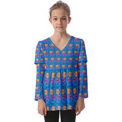 Speak Love Pattern On Blue Kids  V Neck Casual Top by TetiBright