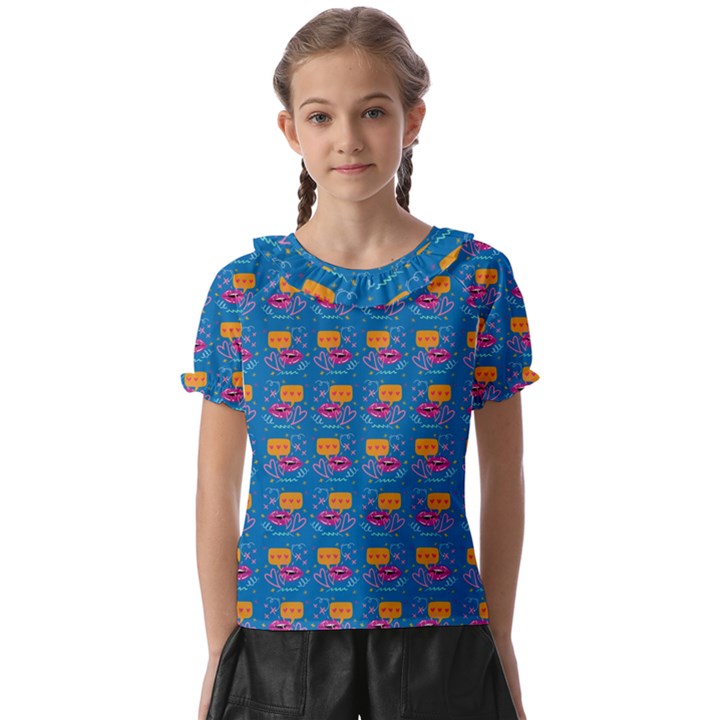 Speak Love Pattern On Blue Kids  Frill Chiffon Blouse