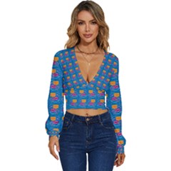 Speak Love Pattern On Blue Long Sleeve Deep-v Velour Top