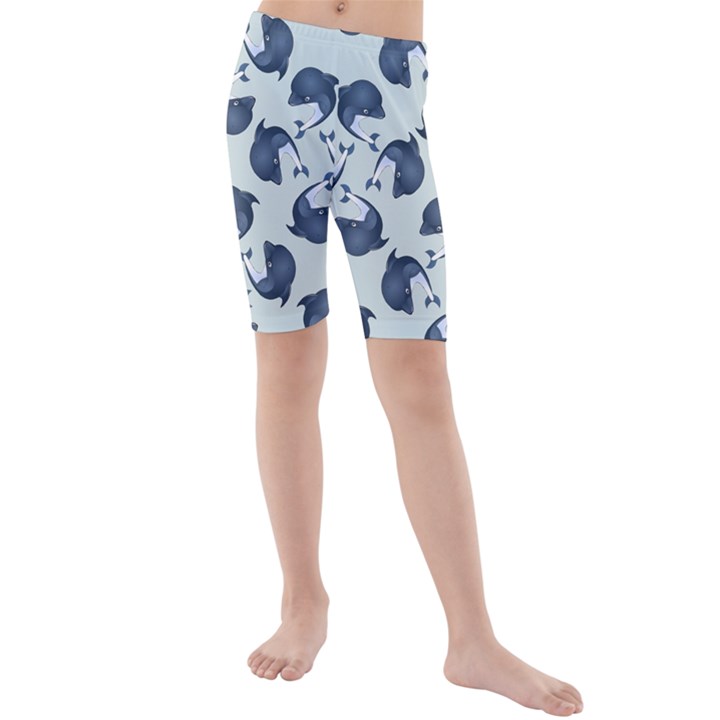 Blue Dolphins Pattern Kids  Mid Length Swim Shorts