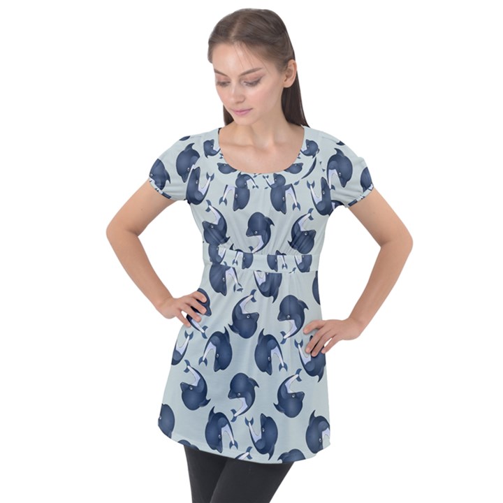 Blue Dolphins Pattern Puff Sleeve Tunic Top