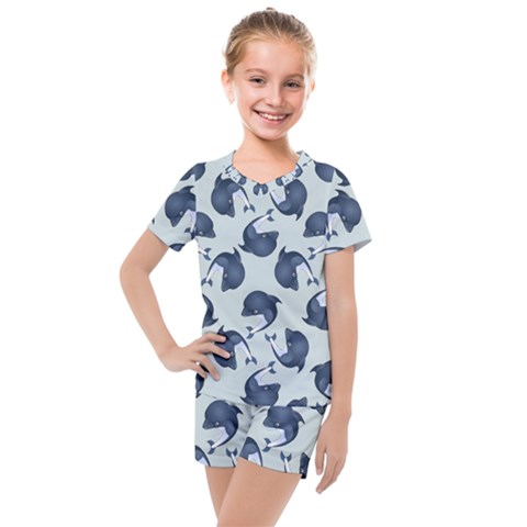 Blue Dolphins Pattern Kids  Mesh Tee And Shorts Set by TetiBright